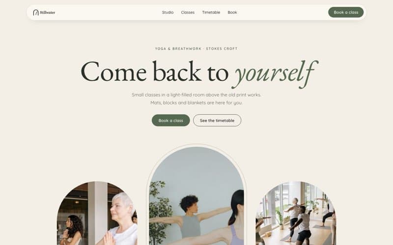 Stillwater Yoga, a yoga studio website the AI built