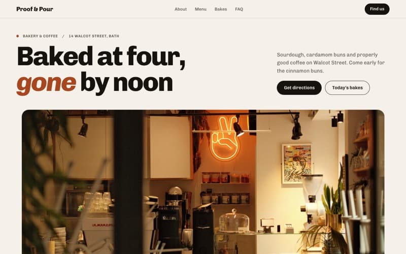 Proof & Pour, a bakery and coffee website the AI built