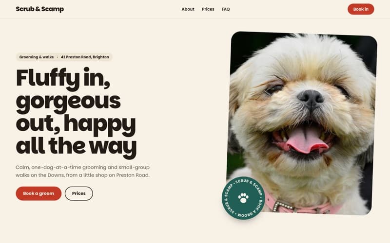 Scrub & Scamp, a dog groomer website the AI built